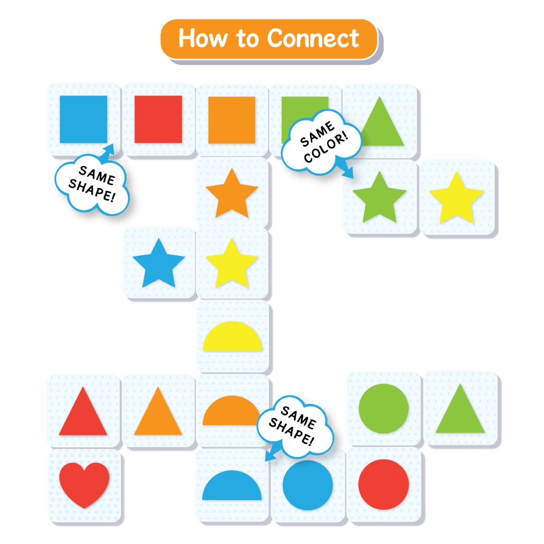 Skillmatics Connectors game showing tiles with matching shapes and colors for kids ages 3-6, fun and educational.