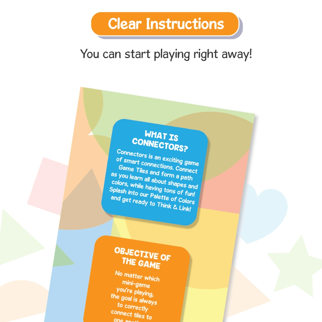 Instructions for Connectors game with colorful shapes and clear guidelines for easy and fun play for kids ages 3-6.