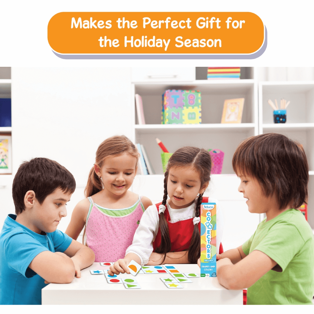 Children playing Skillmatics Connectors game, perfect holiday gift for ages 3-6, encouraging learning and fun.