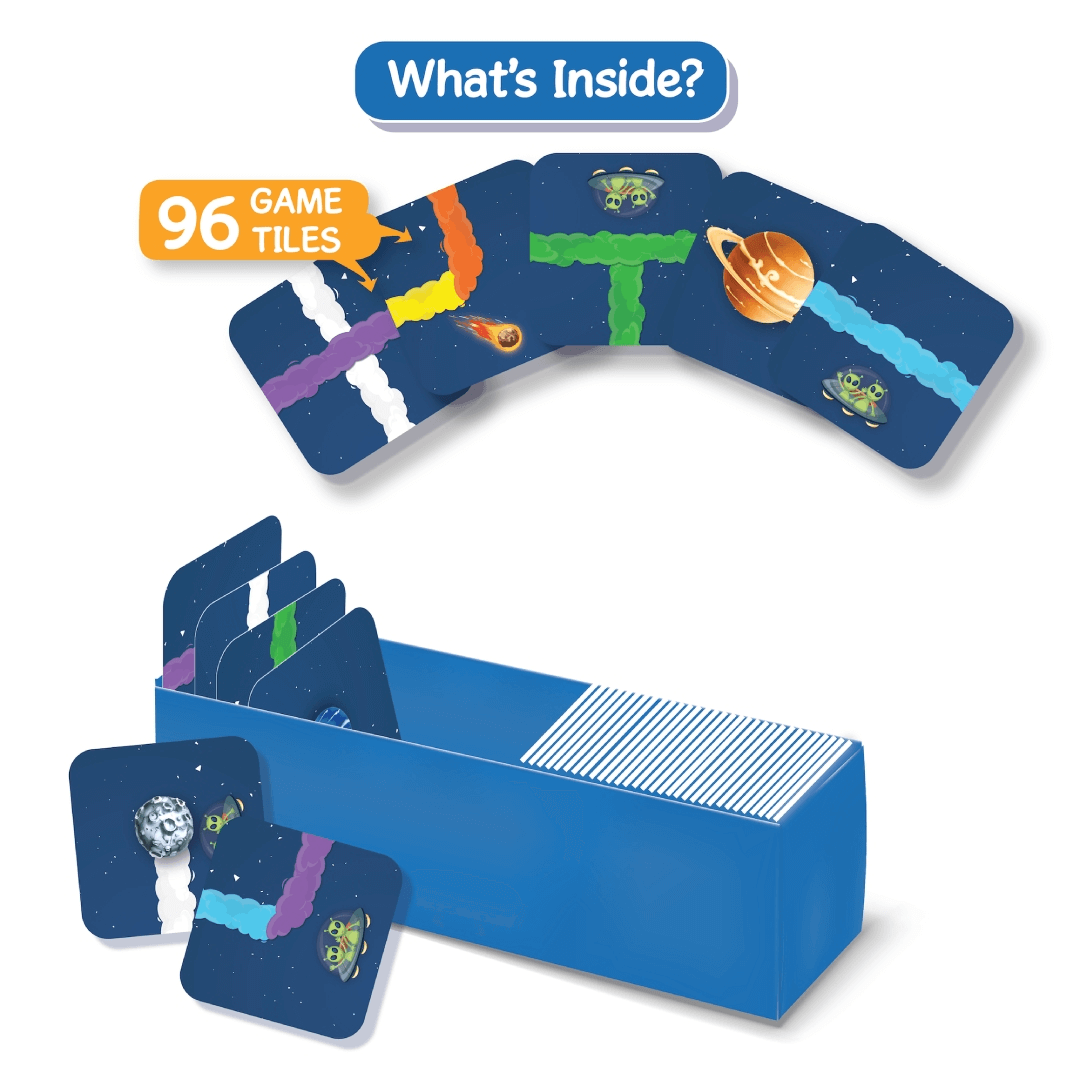 Skillmatics Connectors Mission Space game tiles in blue box, showing 96 vibrant space-themed cards for educational play.