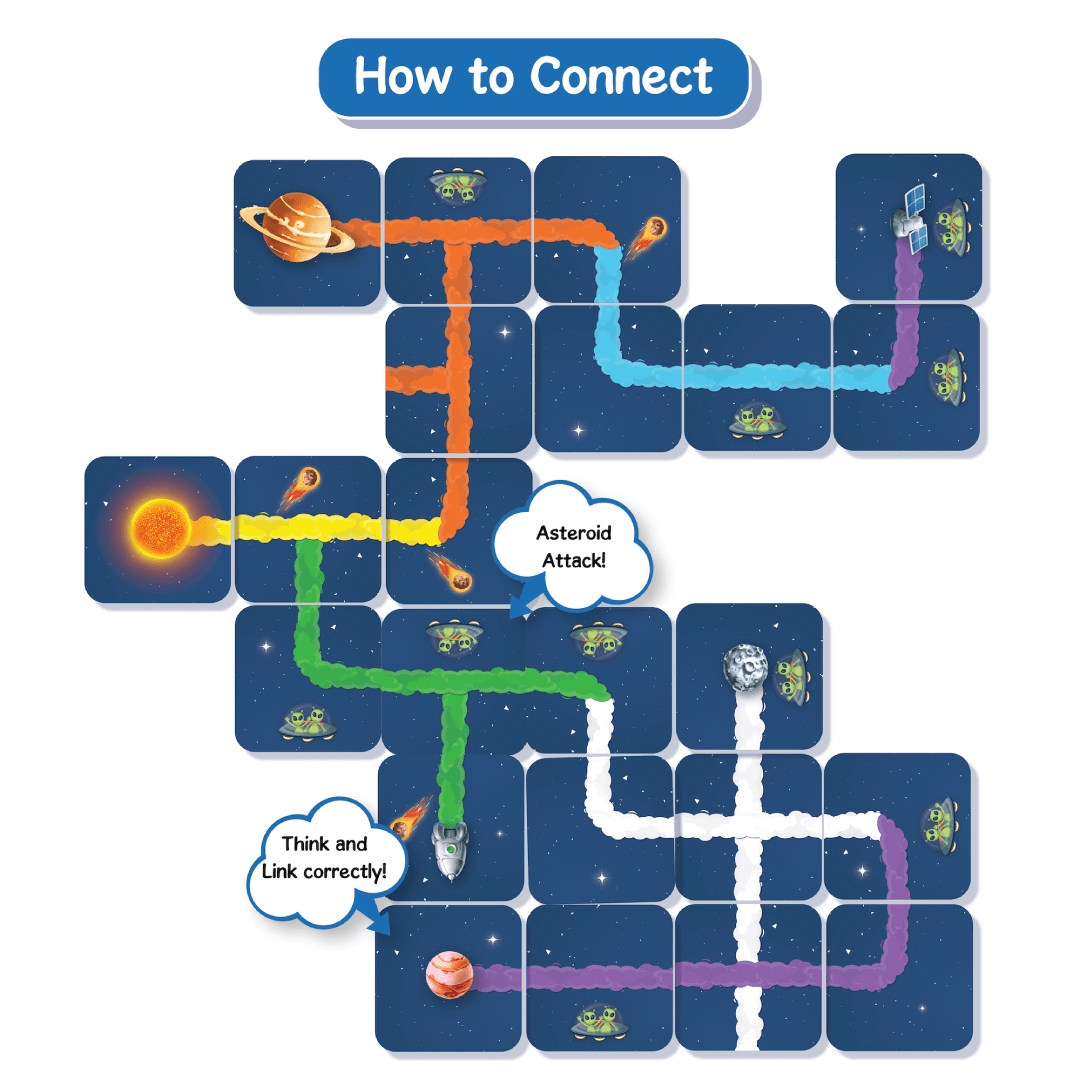 "Skillmatics Connectors Mission Space game board showing space-themed tile connections for educational play"