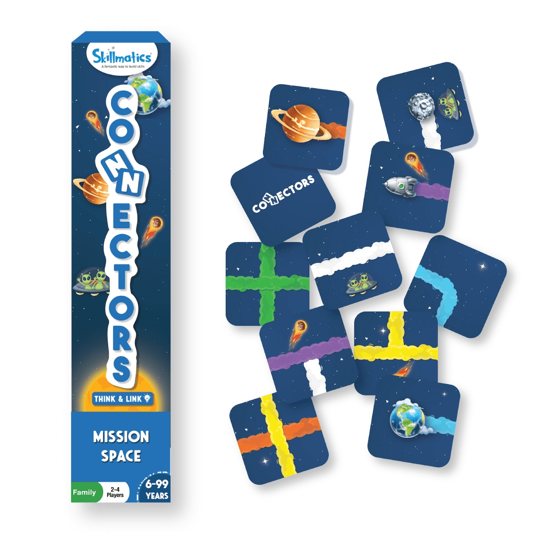 Skillmatics Connectors Mission Space game box and tiles for ages 6-99, featuring a space theme with planets and galaxies.