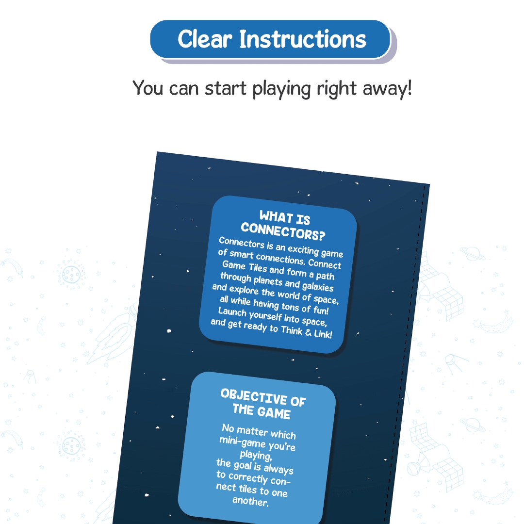 Skillmatics Connectors game instructions on easy gameplay and objectives for engaging space-themed tile connection game.