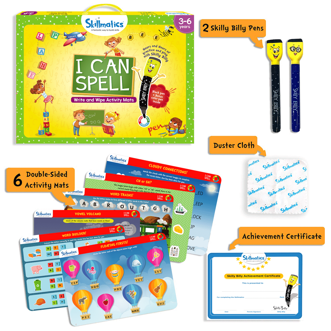 Skillmatics Educational Game : I Can Spell | Gifts & Preschool Learning for Kids Ages 3 to 6 | Reusable Activity Mats with 2 Dry Erase Markers