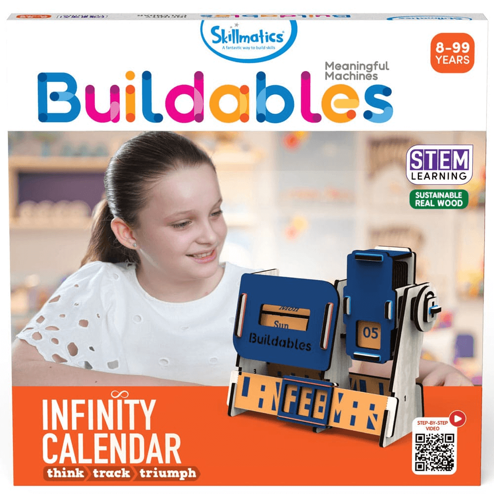 Child assembling Buildables Infinity Calendar S.T.E.M. toy for learning construction and problem-solving skills.