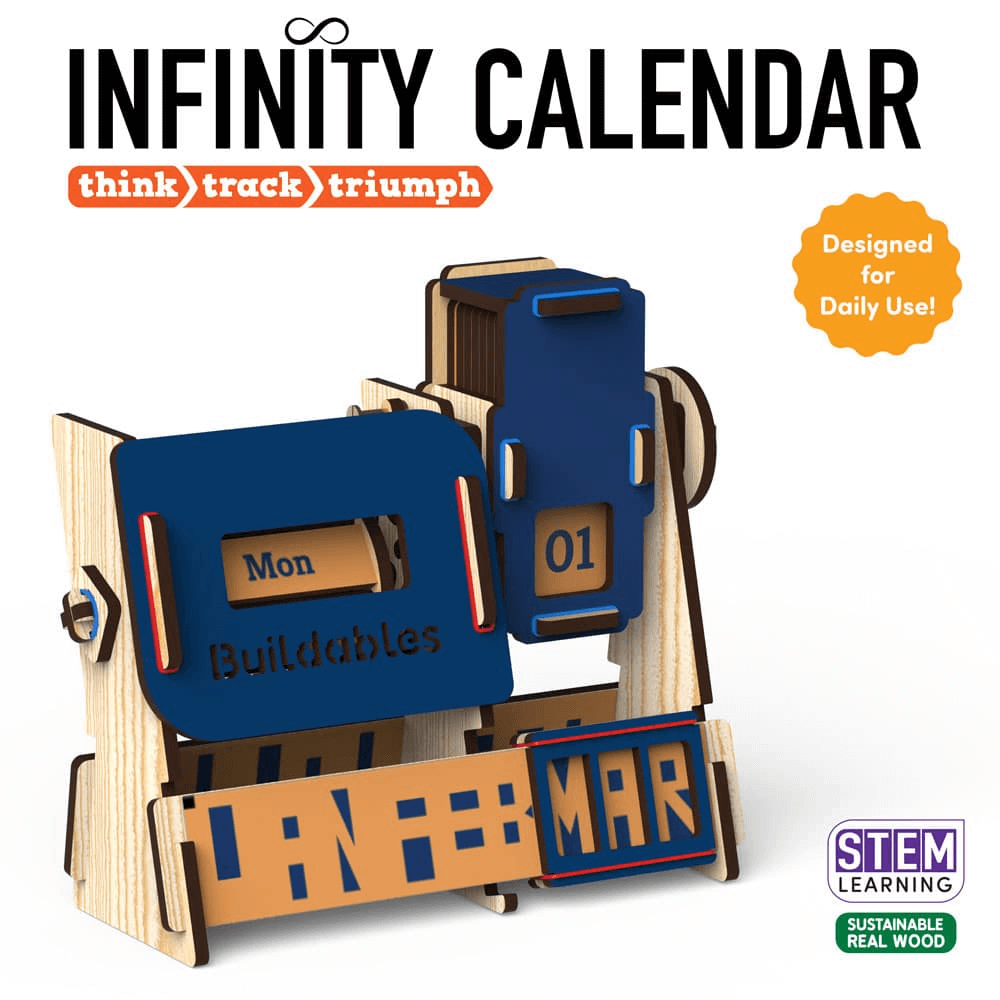 Buildables Infinity Calendar for kids, teaches STEM skills with sustainable wood design, perfect for daily use and learning.