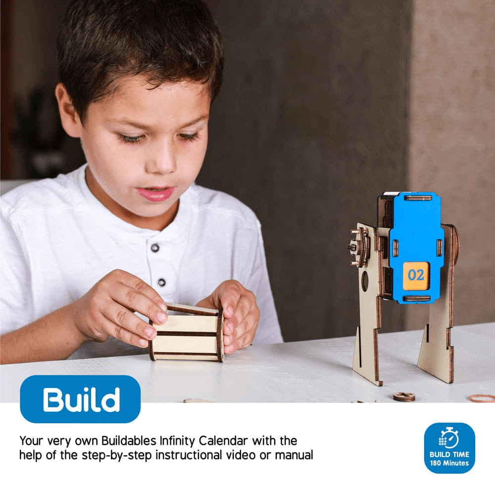 Child assembling Buildables Infinity Calendar, a S.T.E.M. educational toy, with instructional video or manual for hands-on learning.