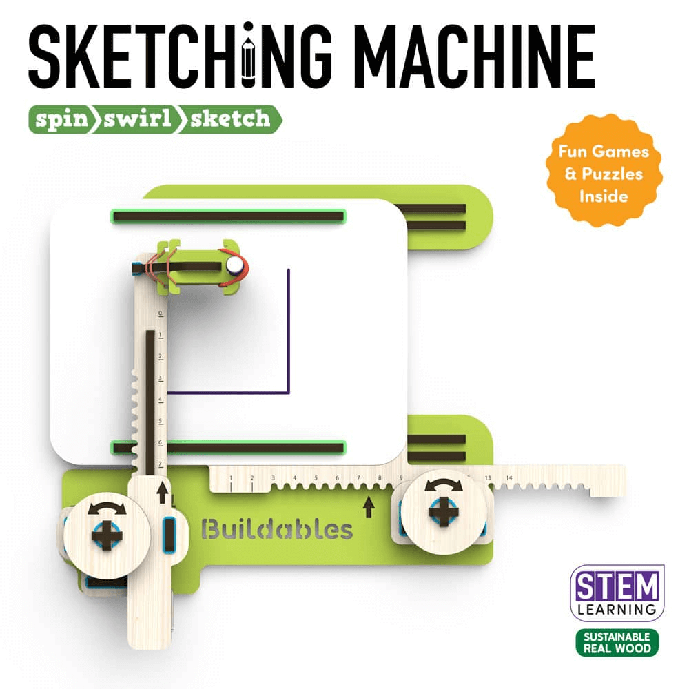 Skillmatics Buildables Sketching Machine STEM toy for ages 8+, featuring educational play with interlocking gears and XY coordinate system.