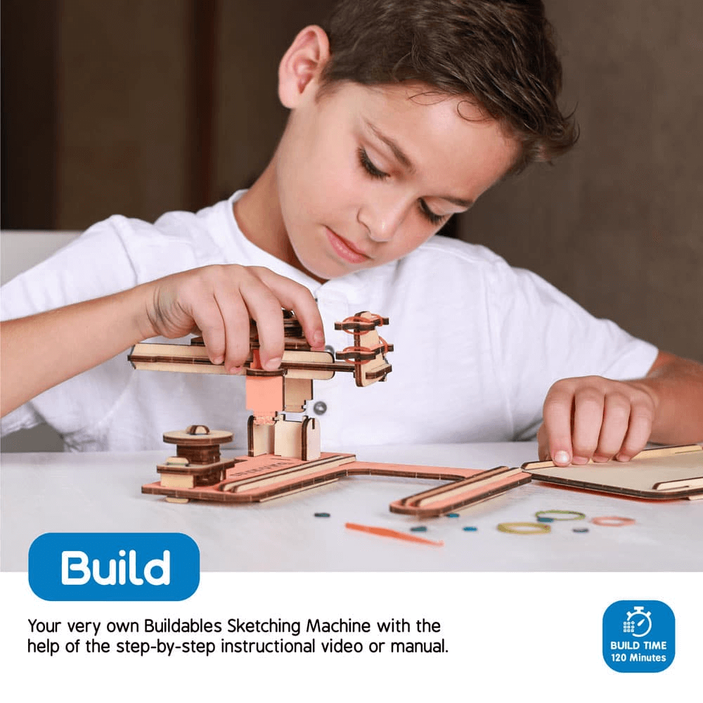 Child building Skillmatics STEM Sketching Machine, educational toy for ages 8 and up, enhances STEM learning through play and creativity.