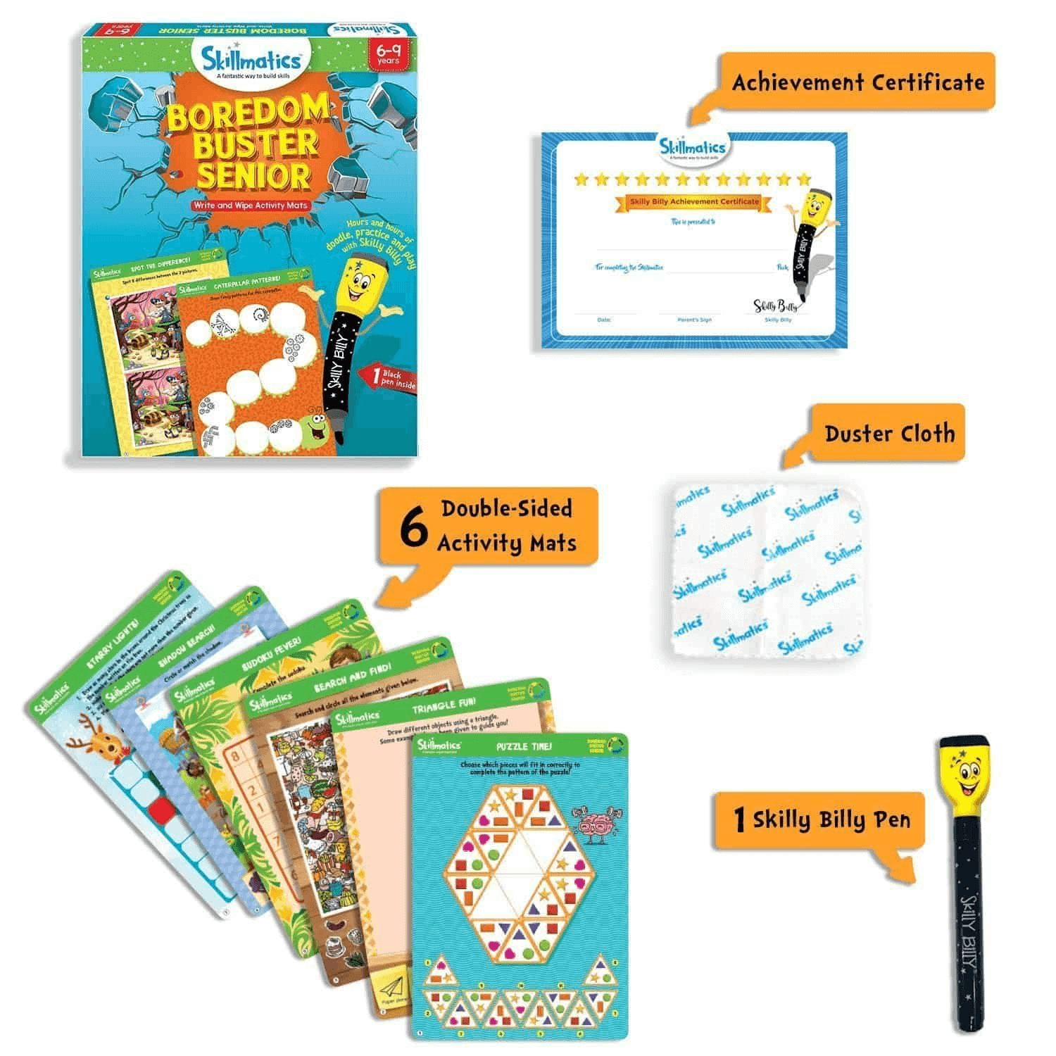 Boredom Buster Senior - Solve Puzzles and Math Challenges - Write and Wipe Activity Game For Kids Aged 6+ Years