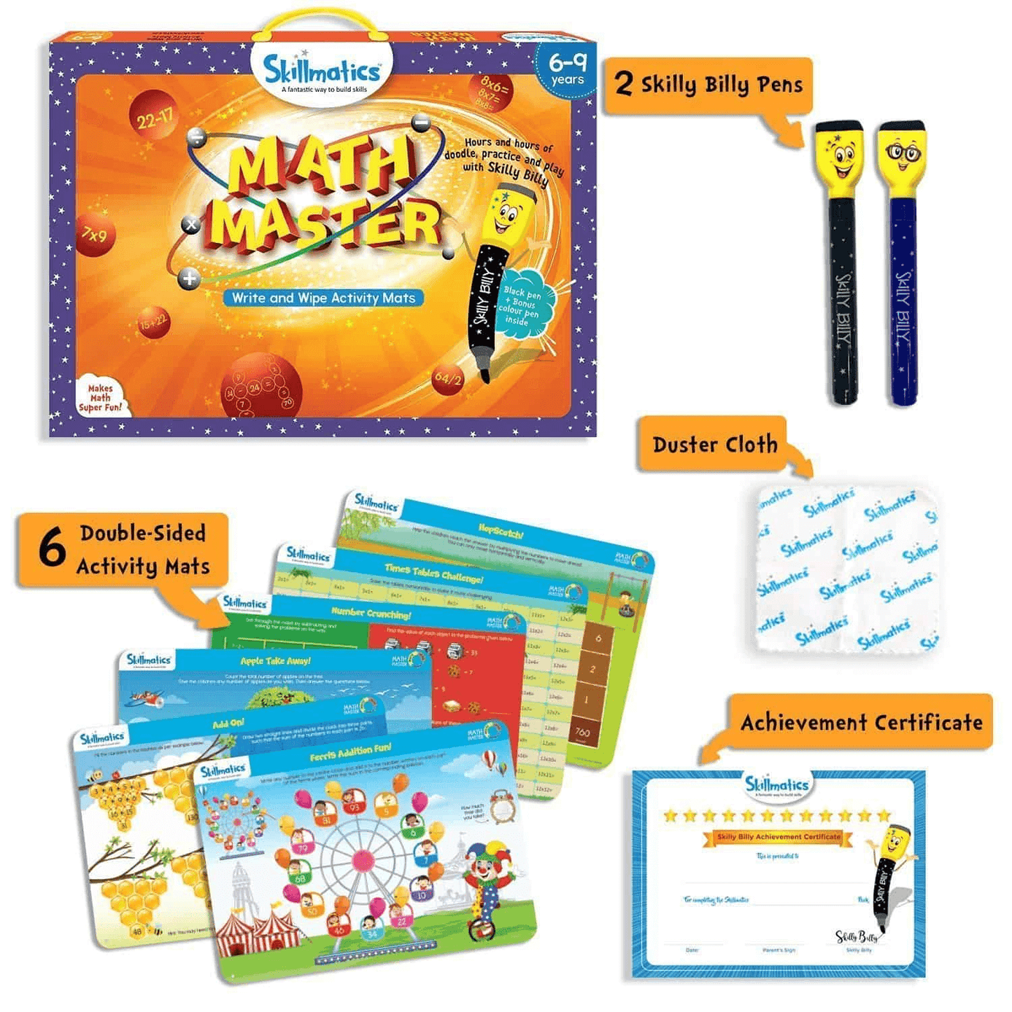 Skillmatics Educational Game : Math Master | Reusable Activity Mats with 2 Dry Erase Markers | Gifts & Learning Tools for Ages 6-9