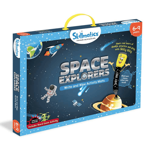 Space Explorers educational activity game for kids ages 6-9, featuring write and wipe activity mats with Skilly Billy pens.