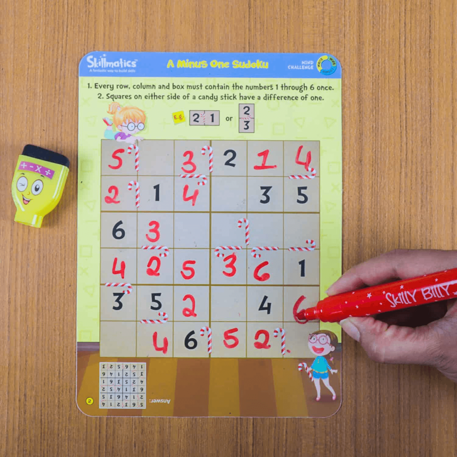 "Mind Challenge activity mat with Skilly Billy pen enhancing problem-solving and mental maths skills for kids ages 6-99"