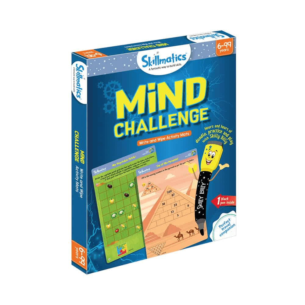 Mind Challenge game box for kids aged 6-99, featuring write and wipe activity mats for mental processing and problem-solving skills.