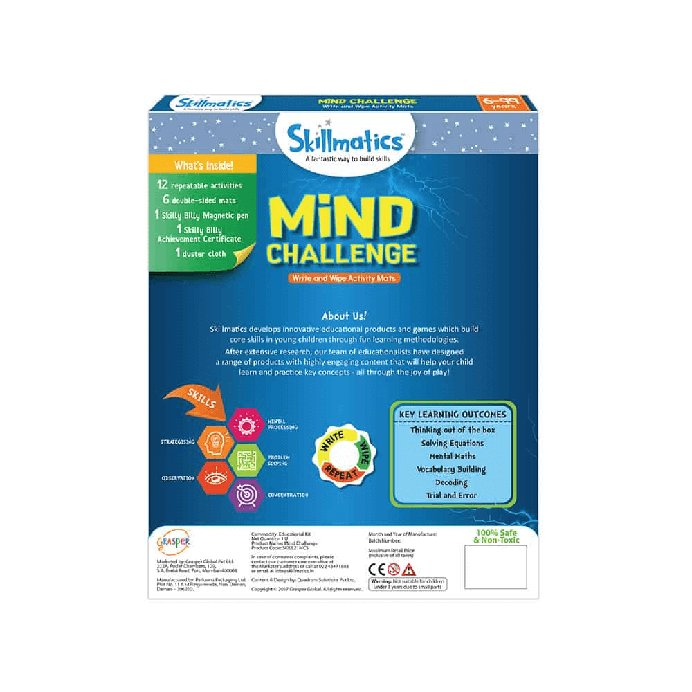 "Mind Challenge Write and Wipe Activity Game for Kids Box with 12 activities, improving mental skills, for ages 6-99."