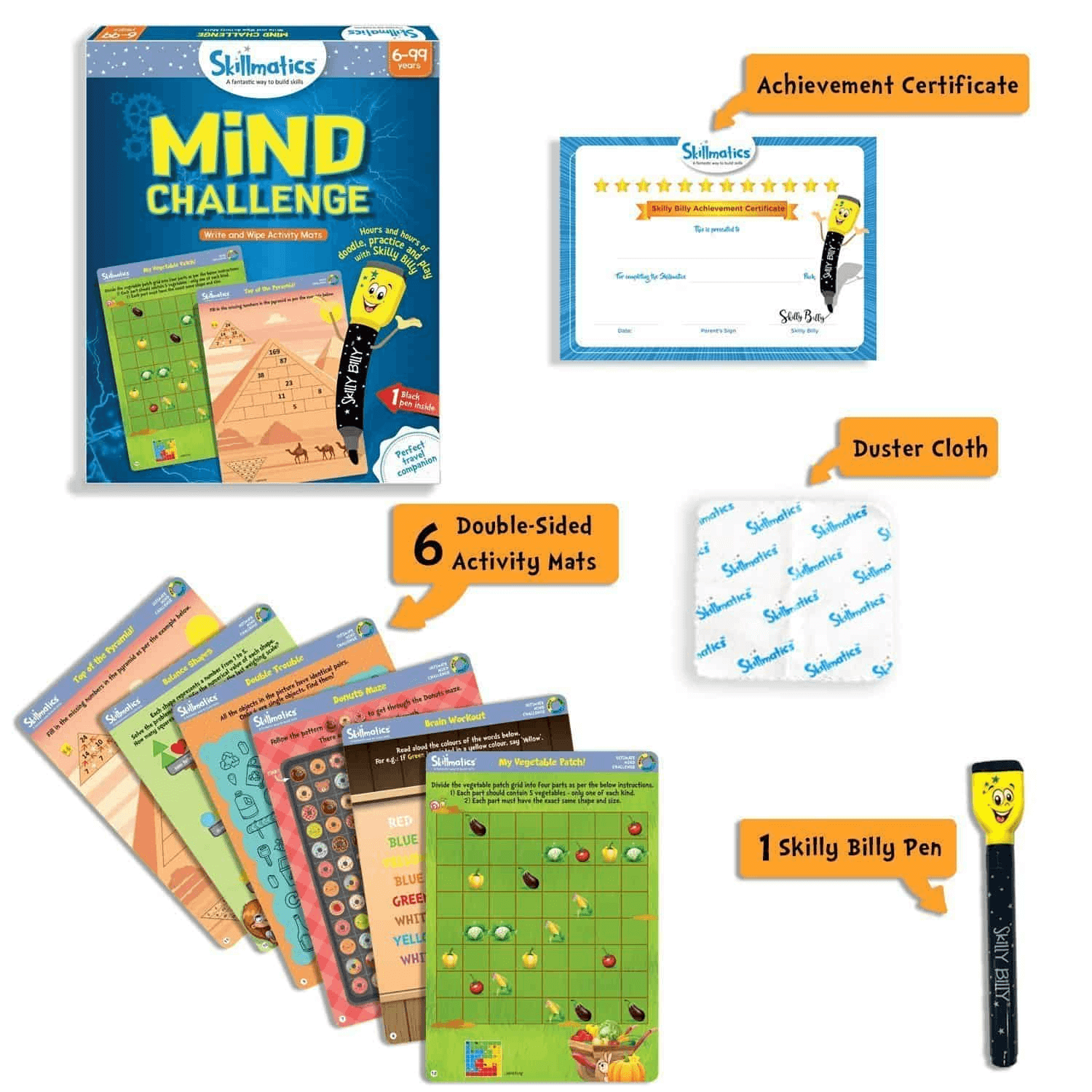 Mind Challenge write and wipe activity game for kids, includes Skilly Billy Pen, achievement certificate, and double-sided activity mats