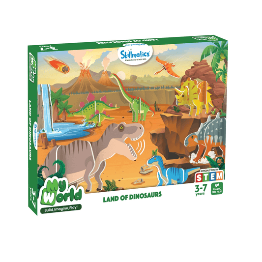 "Skillmatics STEM Building Toy My World Land of Dinosaurs for Kids Ages 3-7 in eco-friendly packaging"