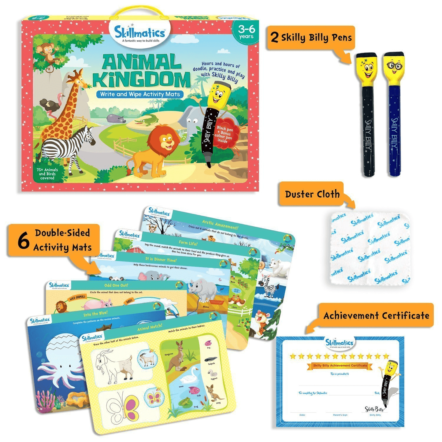 Animal Kingdom set with activity mats, Skilly Billy pens, duster cloth, and achievement certificate for kids ages 3-6.