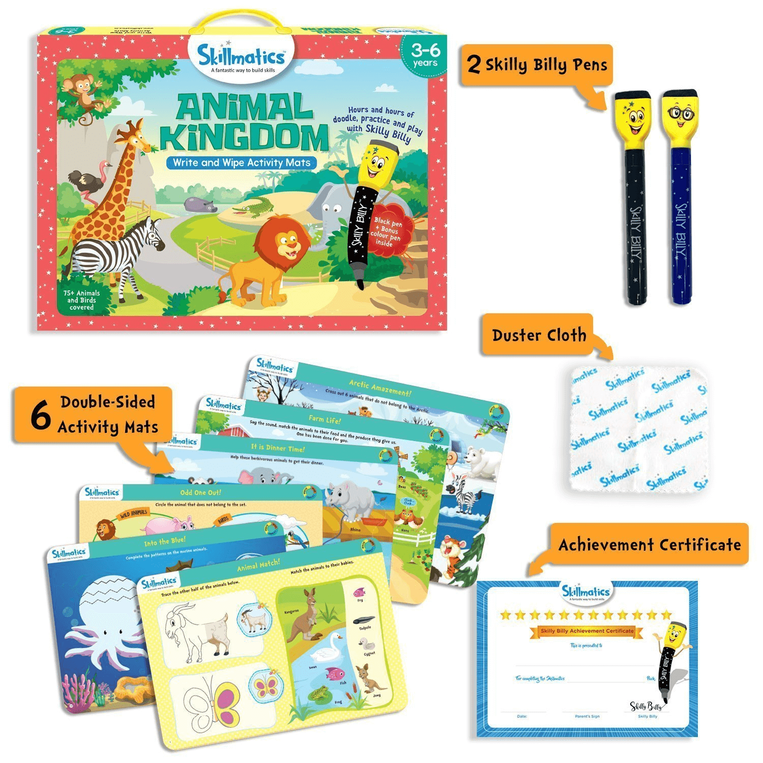 Animal Kingdom set with activity mats, Skilly Billy pens, duster cloth, and achievement certificate for kids ages 3-6.