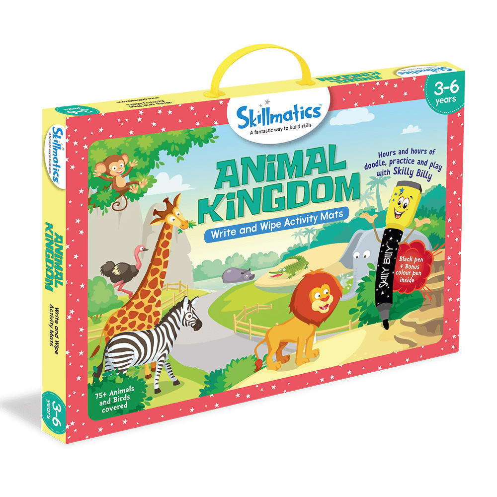 "Skillmatics Animal Kingdom activity kit for ages 3-6 featuring over 75 animals with educational mats and accessories."