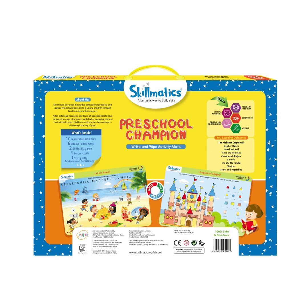 "Preschool Champion activity game box for kids ages 3-6, featuring educational mats and accessories for early learning."