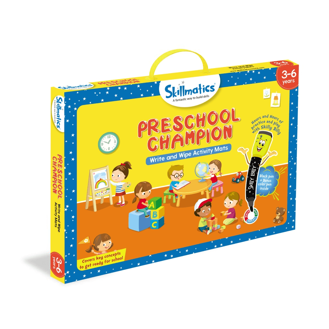 Preschool Champion Write and Wipe Activity Game for Kids ages 3-6 with 17 activities, activity mats, pens, and more.