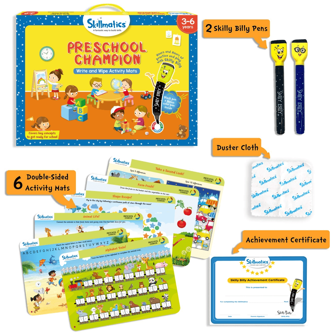 Preschool Champion write and wipe activity game for kids aged 3-6 with pens, mats, duster, and certificate for learning skills.