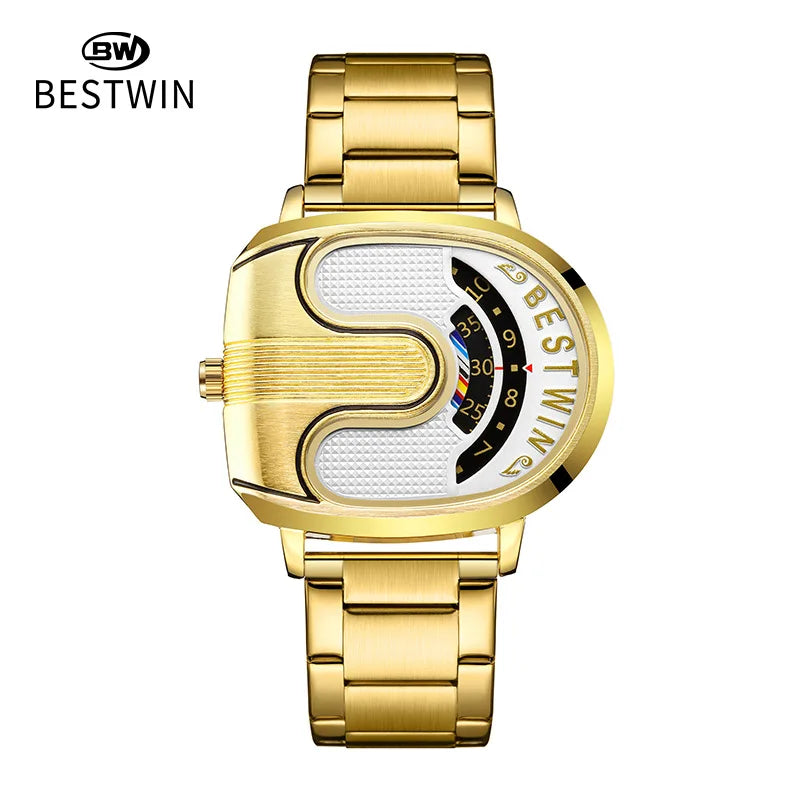 luxury men's watches with stainless steel band featuring a unique golden design from BESTWIN.