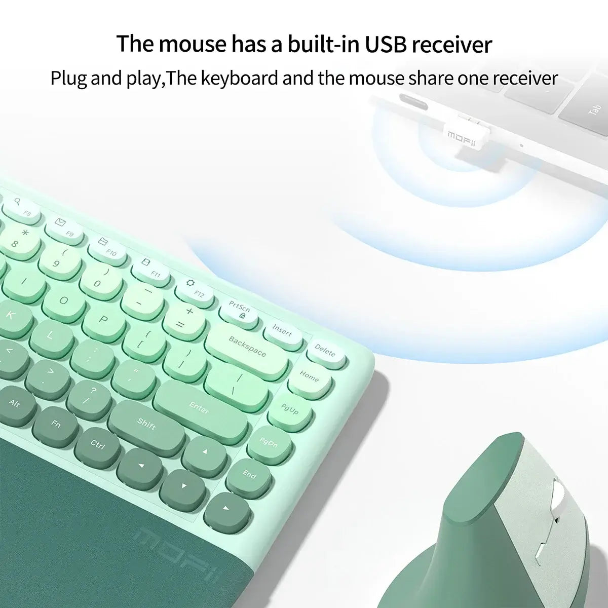 MOFii ergonomic wireless keyboard and mouse set with USB receiver, ideal for a clutter-free workspace.