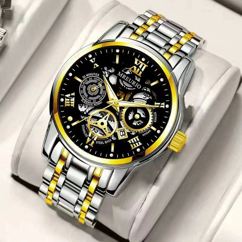 High end quartz watches for men featuring a stylish black and gold design with Roman numerals and a stainless steel band.