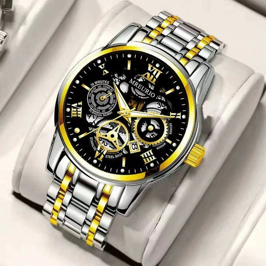 High end quartz watches for men featuring a stylish black and gold design with Roman numerals and a stainless steel band.