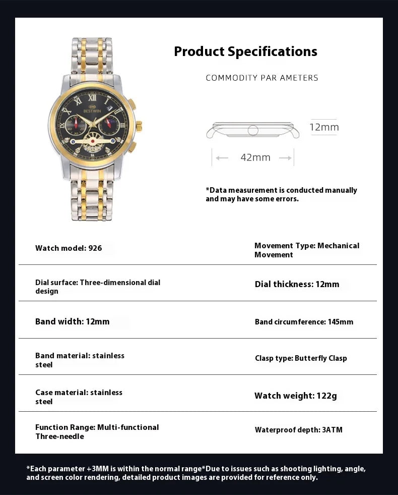 BESTWIN 926 luxury men's watch with moon phase specifications including mechanical movement, stainless steel band, and multi-functional features.