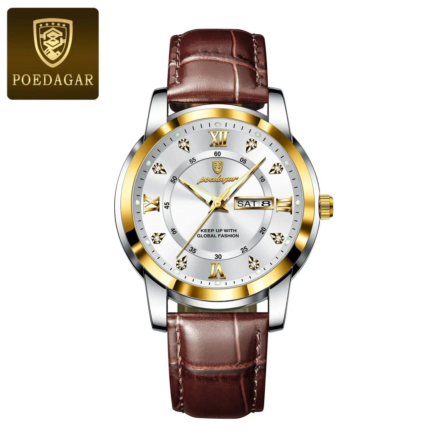 POEDAGAR luxury waterproof men's watch with brown leather band and luminous features, perfect for business and sports use.