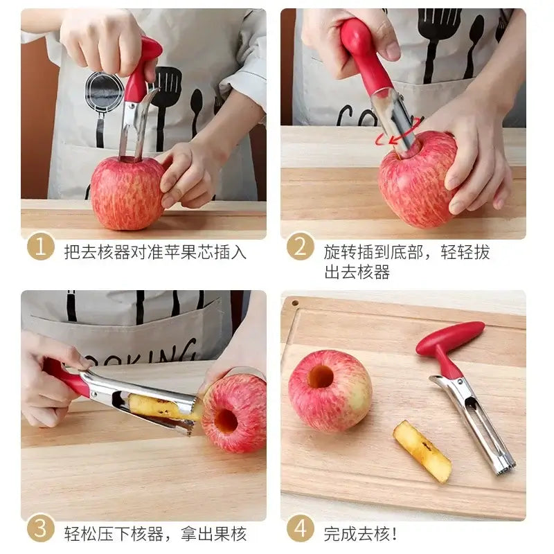 Person using a stainless steel apple corer to remove the core from a fresh apple in a kitchen setting.