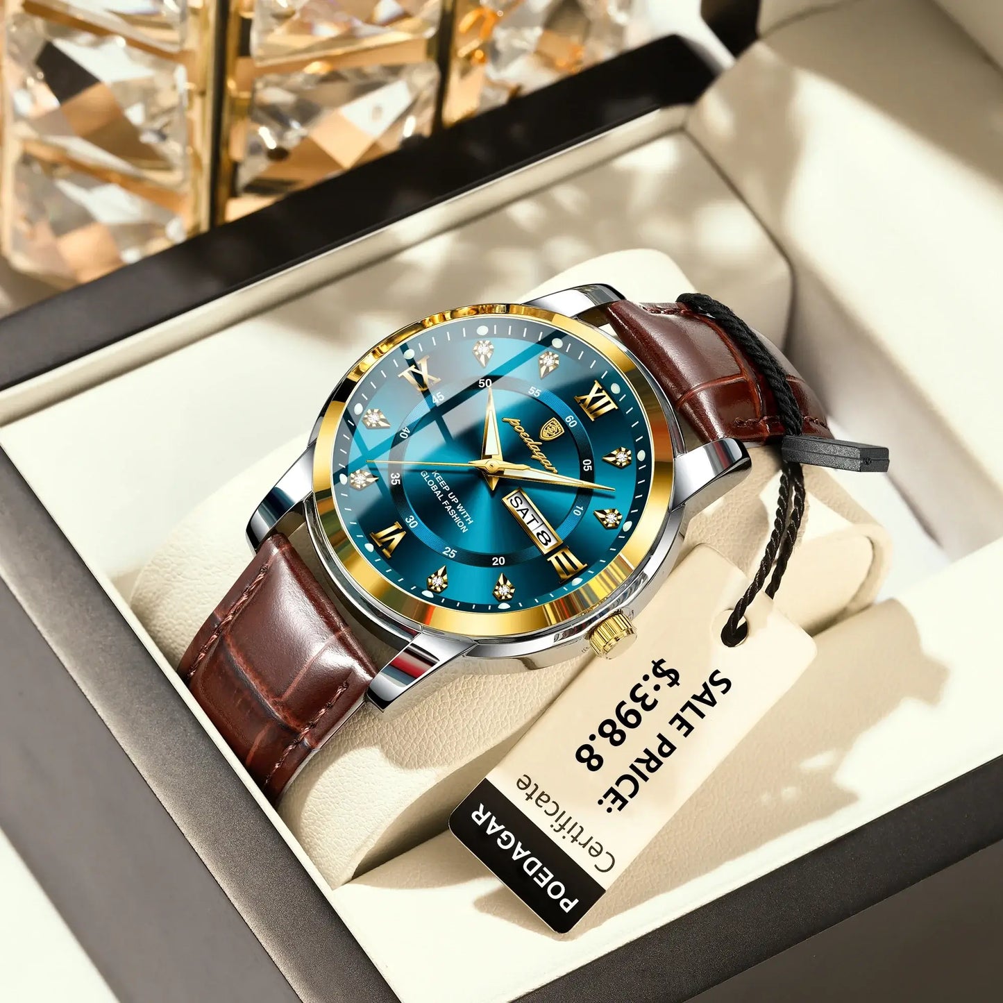 POEDAGAR luxury waterproof men's watch displayed in a stylish box with brown leather strap and vibrant blue dial.