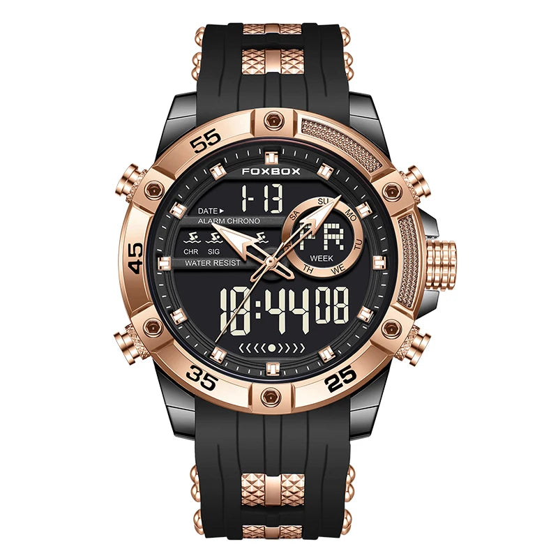FOXBOX luxury men's sport watch featuring dual display quartz and digital chronograph in black and rose gold design.
