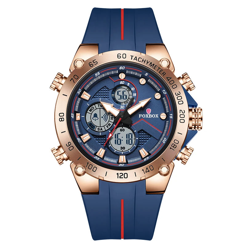 FOXBOX Luxury Men's Sport Watch with Dual Display and Chronograph features in blue and rose gold.