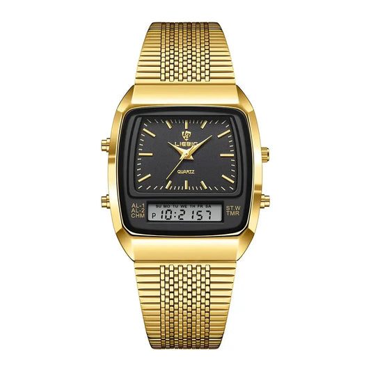 LIEBIG luxury dual display quartz watches featuring a gold mesh band and black dial, suitable for men and women.