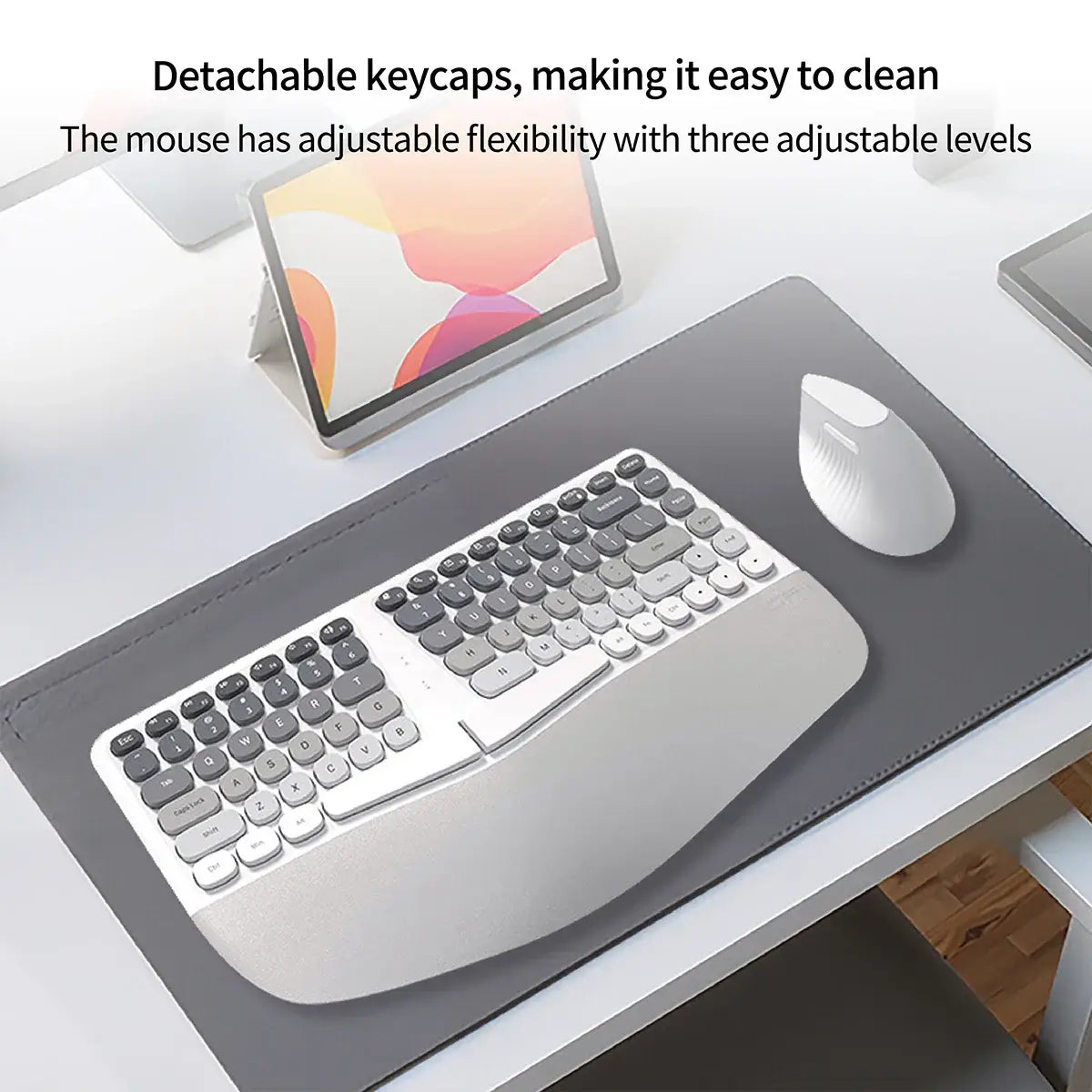 MOFii ergonomic wireless keyboard and mouse set with detachable keycaps for easy cleaning, featuring adjustable mouse flexibility.