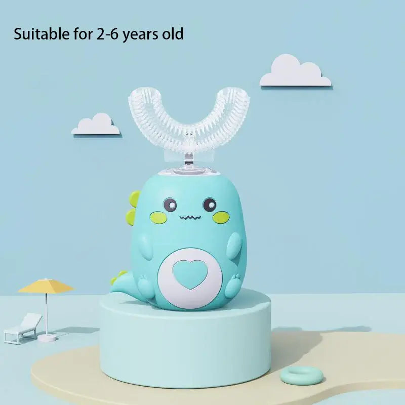 U-shaped children's electric toothbrush in blue with cute design, suitable for ages 2-6, on display against a soft background.