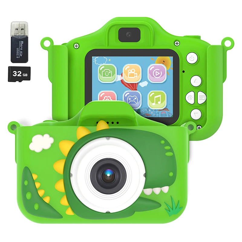 Kid's 1080P digital camera in green dinosaur design with 32GB SD card, perfect for toddlers and selfies.