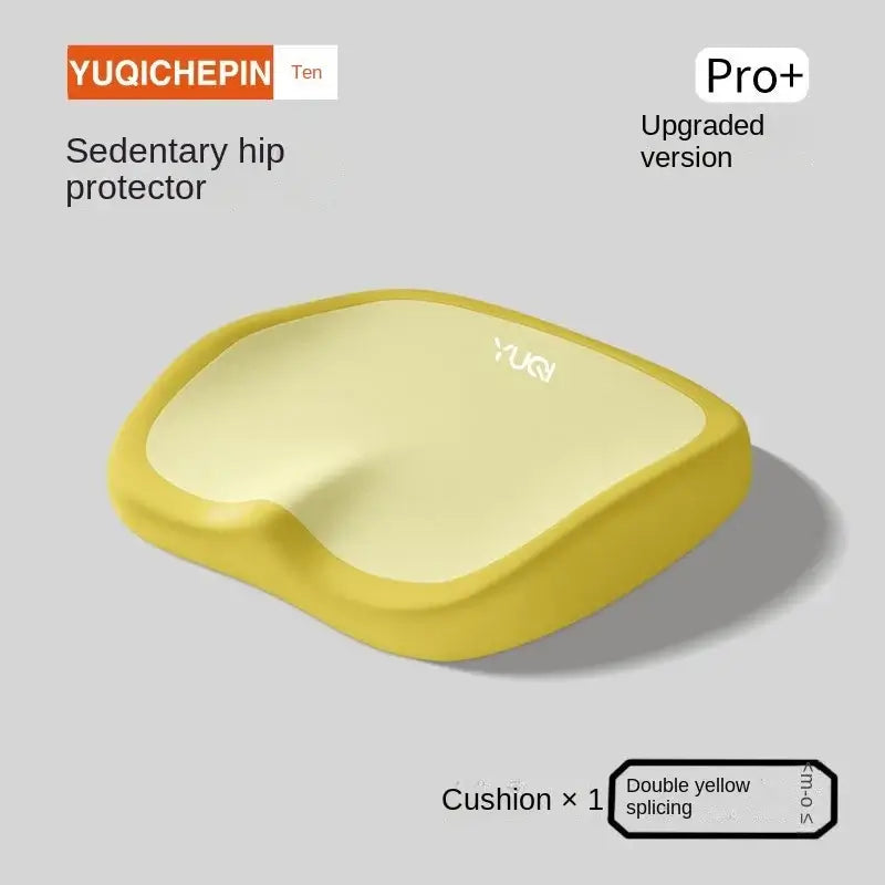 Ergonomic yellow memory foam seat cushion, designed for hip relief and comfort in sedentary positions.