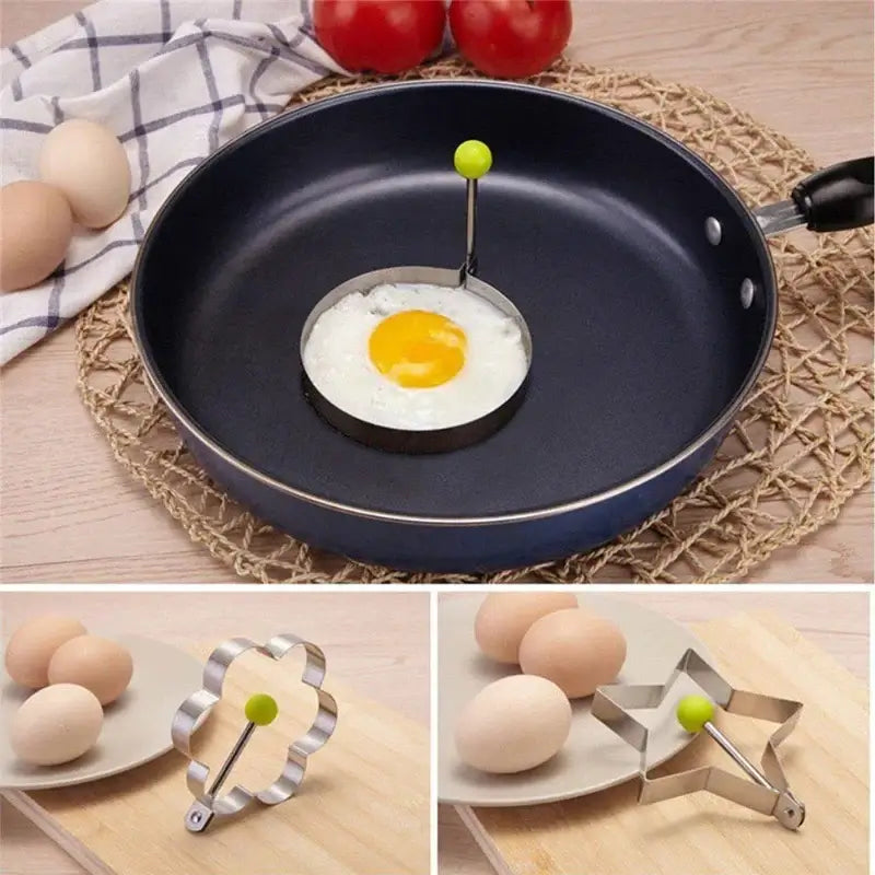 5pcs stainless steel egg mold rings in various shapes cooking eggs in a frying pan with whole eggs and tomatoes.