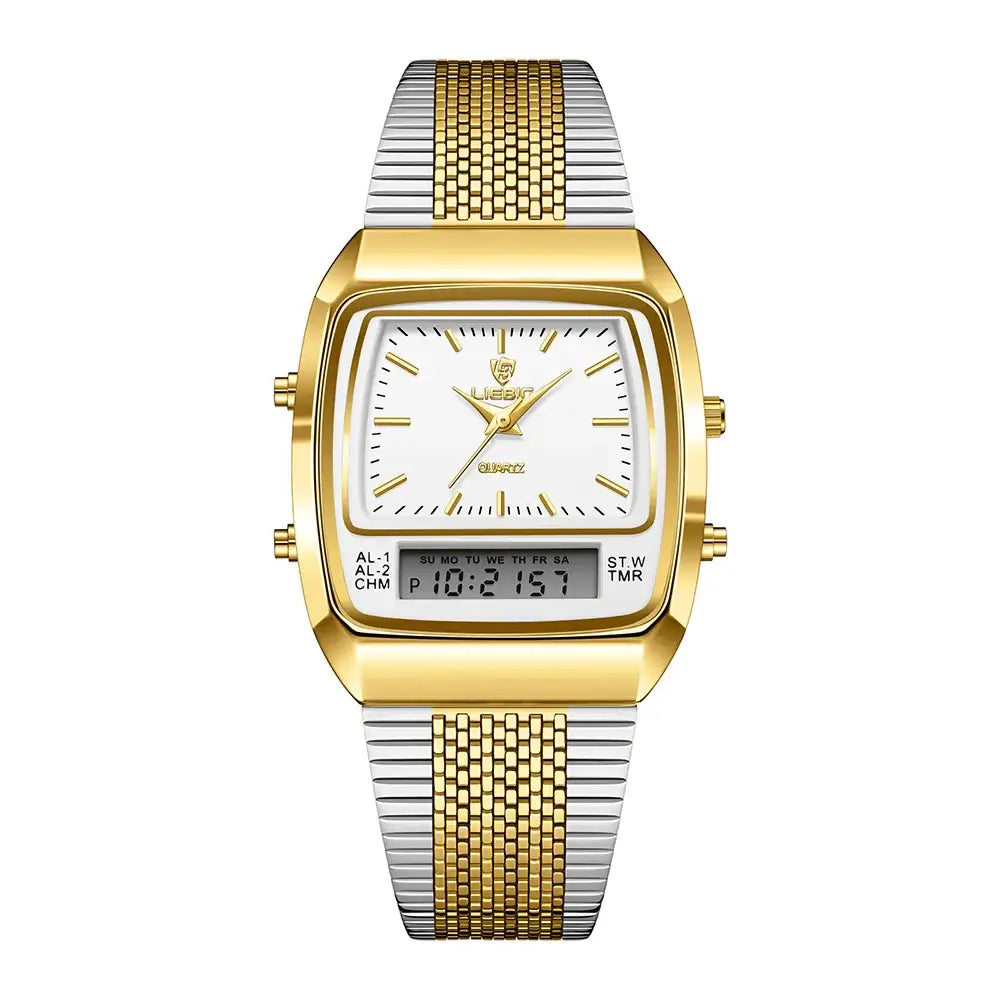 LIEBIG luxury dual display quartz watches for men and women, featuring a gold and silver band, digital and analog time display.