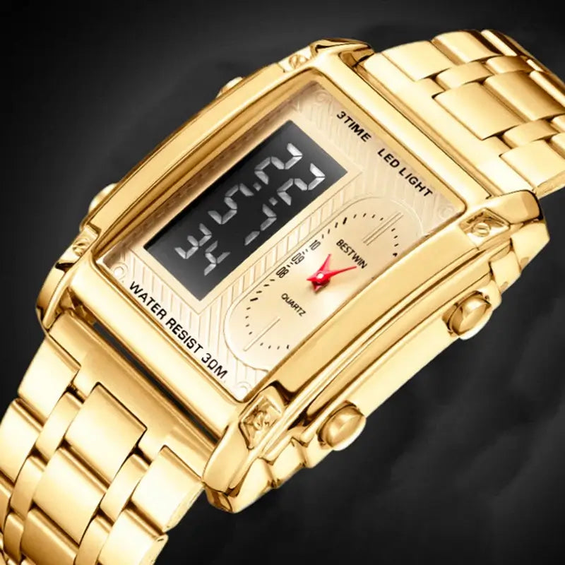 Luxury stainless steel men's wrist watch with gold finish, dual display, and LED light features.