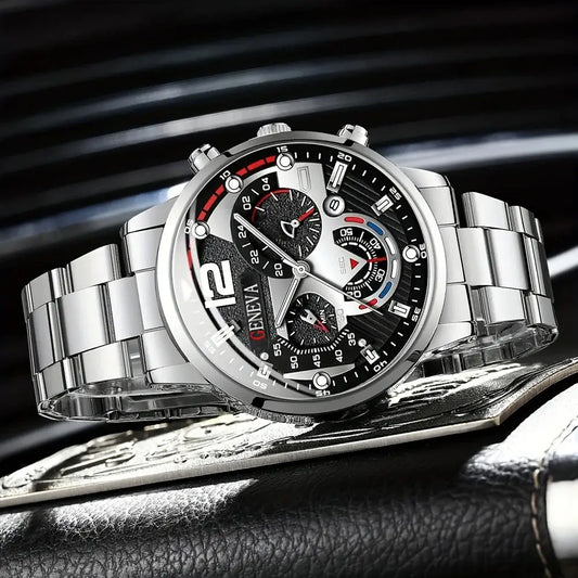 Luxury stainless steel quartz wristwatch for men with black dial and chronograph features, ideal for business and fashion.