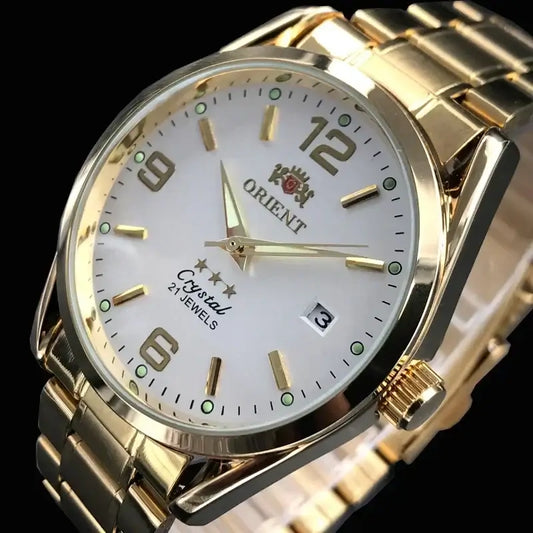 Orient luxury automatic mechanical watch with gold stainless steel band and white dial. Multi-function men's timepiece.