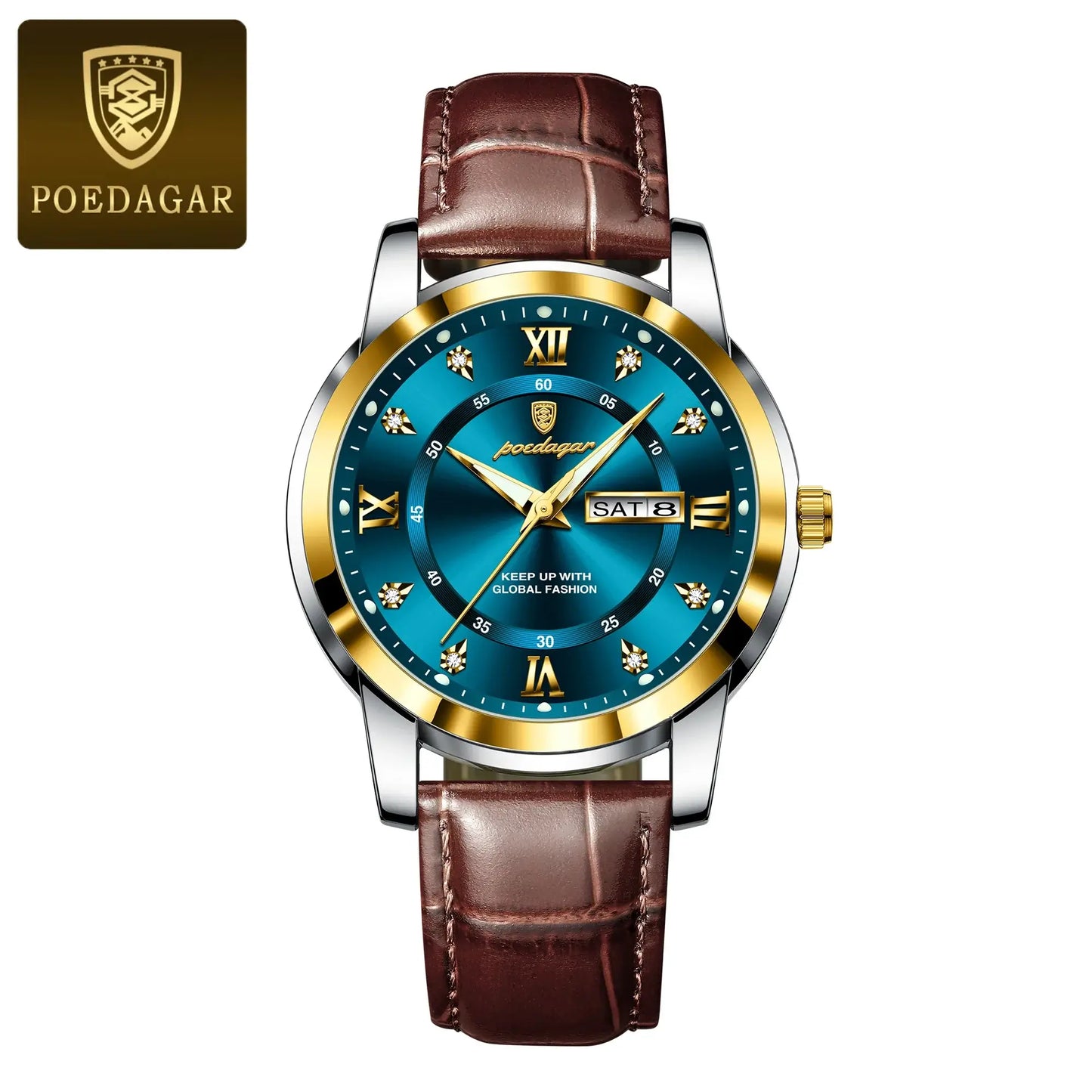 POEDAGAR luxury waterproof men's watch with brown leather strap and luminous features, stylish quartz wristwatch.