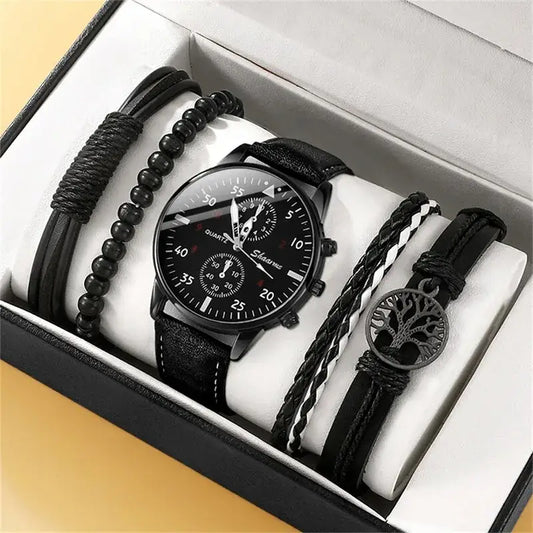 Luxury men's quartz watch with leather band and bracelet set in stylish gift box, perfect for business and casual wear.
