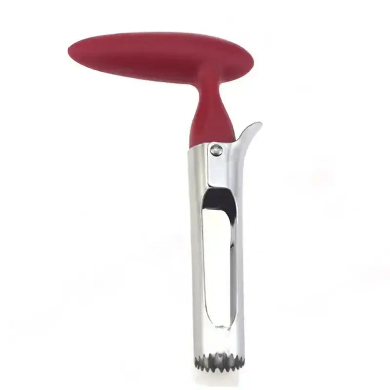 Stainless steel apple corer with red handle, perfect for removing seeds and cores from fruits like apples and pears.